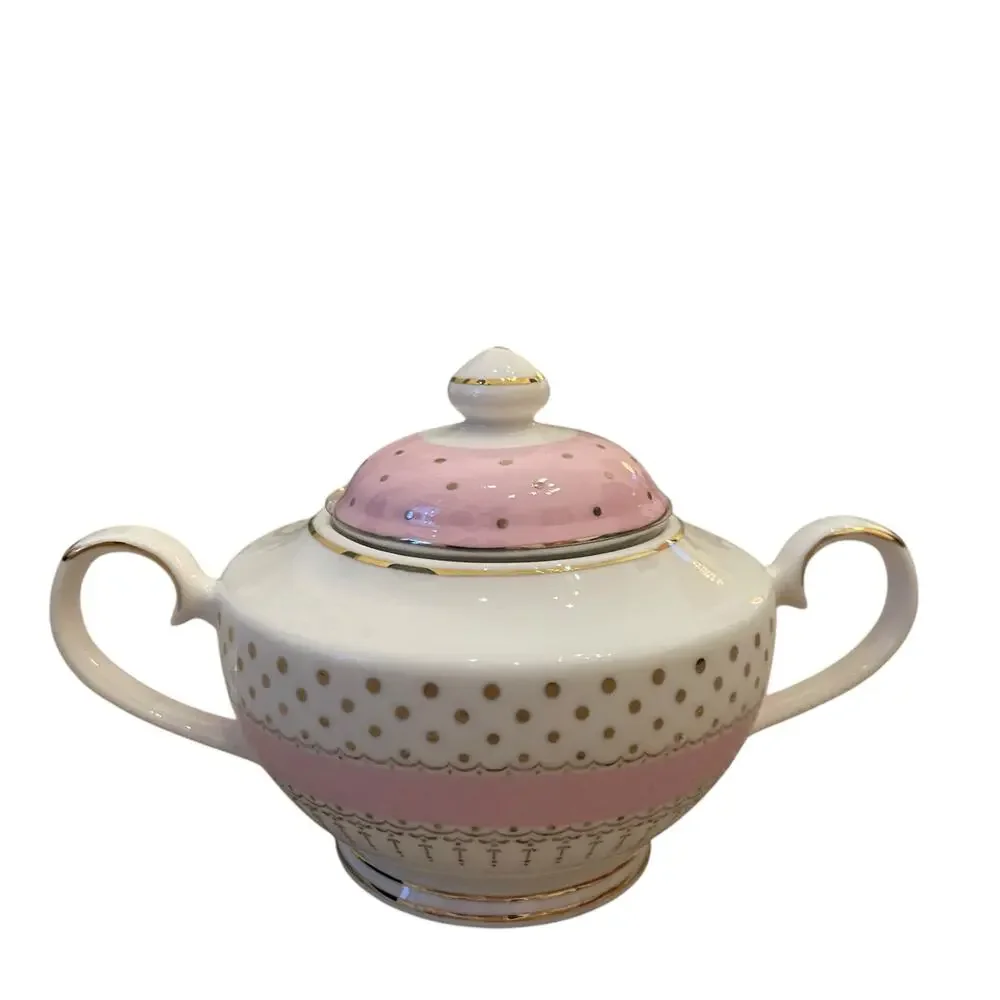 Grace Teaware Fine Porcelain Creamer & Sugar Bowl Pink White Gold Polka Dots New